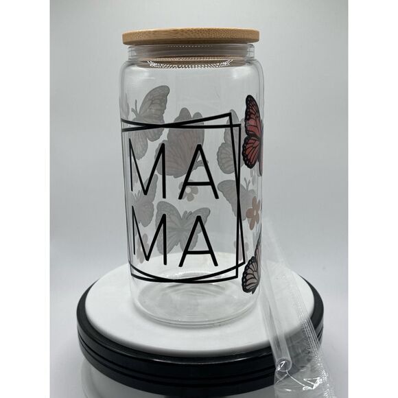 Decorative glass cup with bamboo lid and straw - Picture 3 of 3